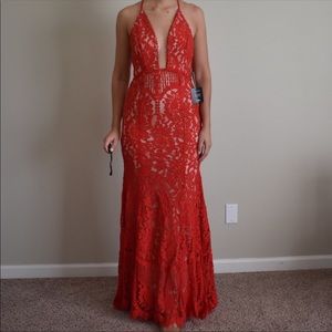 Lulu’s red lace mermaid formal dress